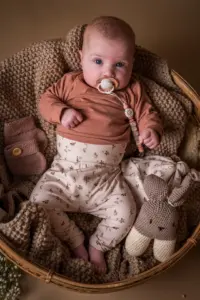 baby met speen in stoel met gehaakte konijn knuffel,handgemaakt baby speelgoed in neutrale kleuren
